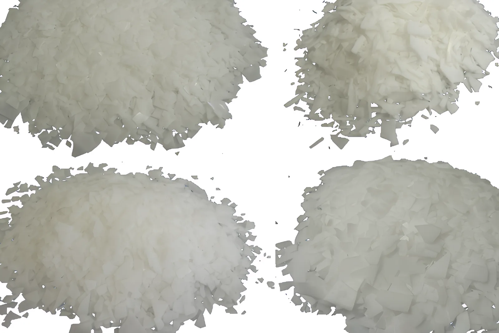 BHD Chemical Polyethylene wax as white translucent flakes arranged in four separate piles on a white background.