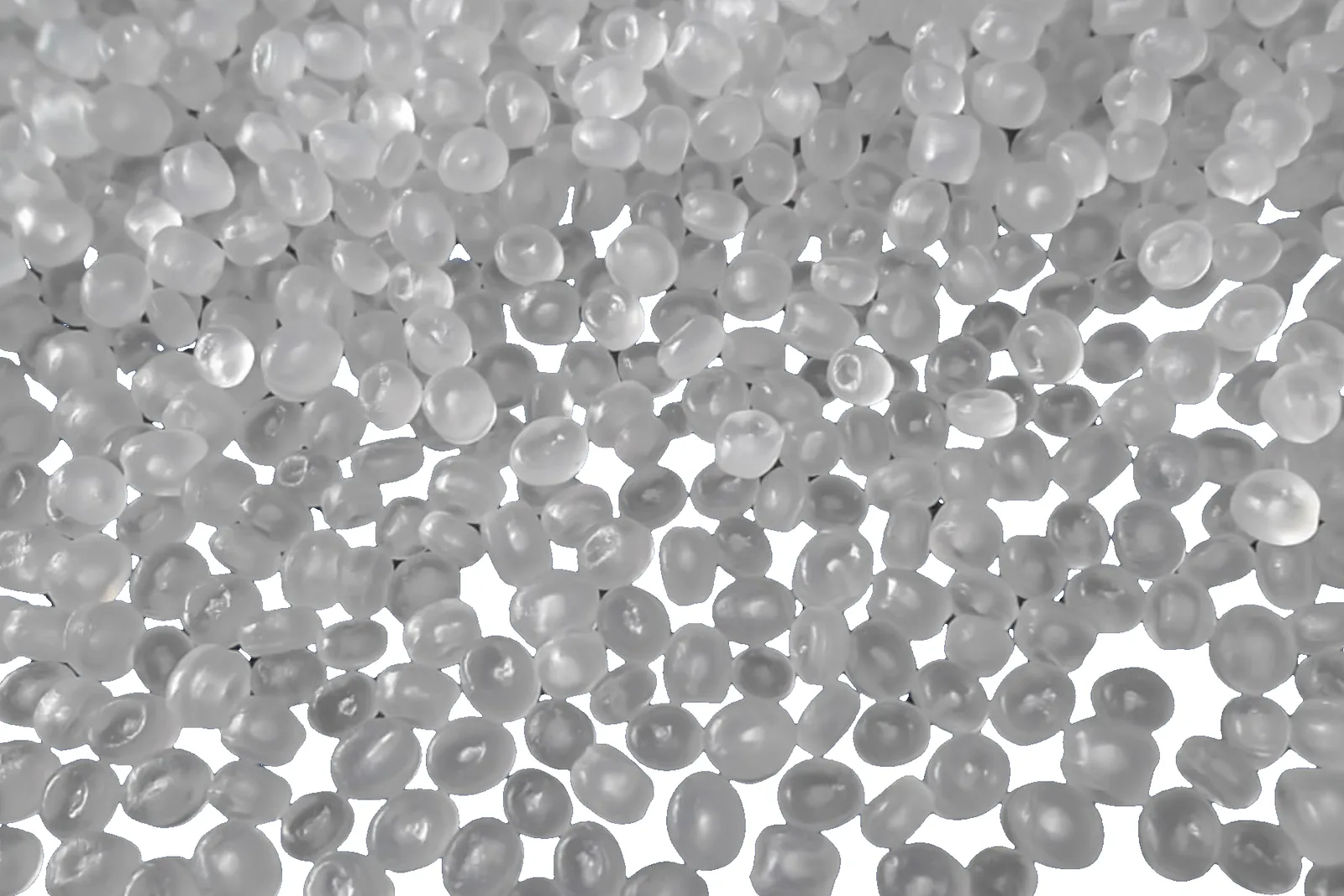 BHD Chemical translucent polypropylene PP polymer granules in a close-up overhead view.