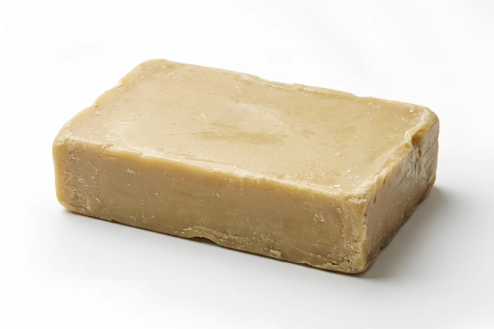 Slack wax (crude paraffin) block with a smooth, light beige semi-solid texture isolated on a white background.